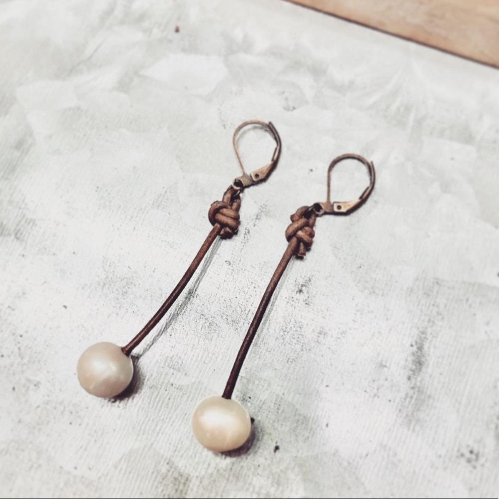 NEW Freshwater Pearl Leather Boho Earrings